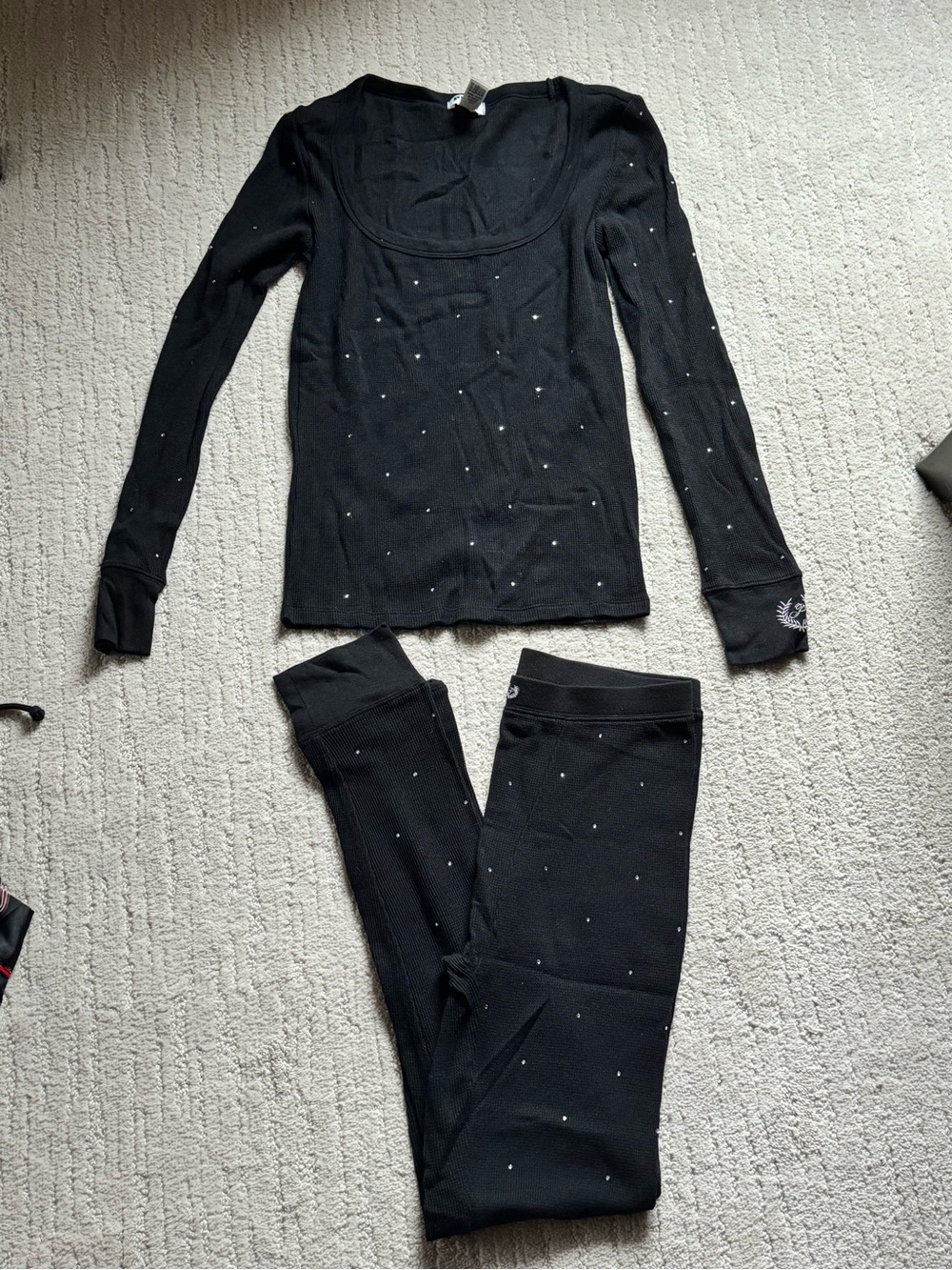 Victorias Secret Pink Halloween Black Thermal Top & Legging Set Rhinestone